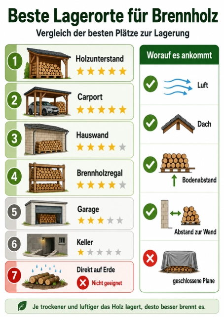 Infografik zu den besten Lagerorten für Brennholz wie Holzunterstand, Carport, Hauswand, Garage und Keller