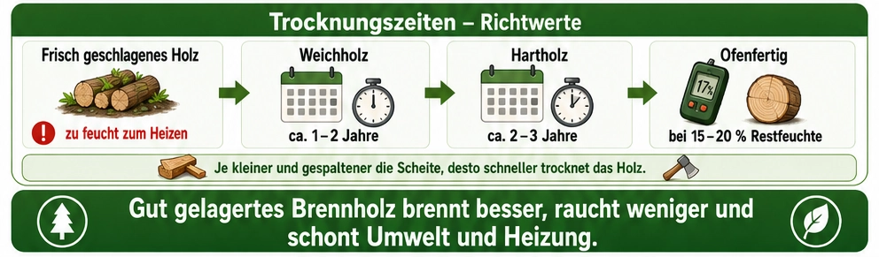 Infografik zu den Trocknungszeiten verschiedener Brennholzarten wie Fichte, Kiefer, Birke, Buche und Eiche