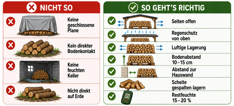 Grafik zur richtigen Lagerung von Brennholz mit Rinde nach oben, Bodenabstand und seitlicher Luftzirkulation