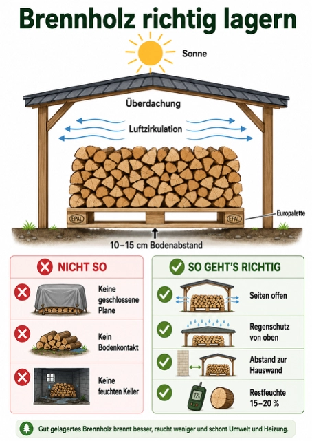 Infografik Brennholz richtig lagern mit Dach, Luftzirkulation, Bodenabstand und offener Lagerung