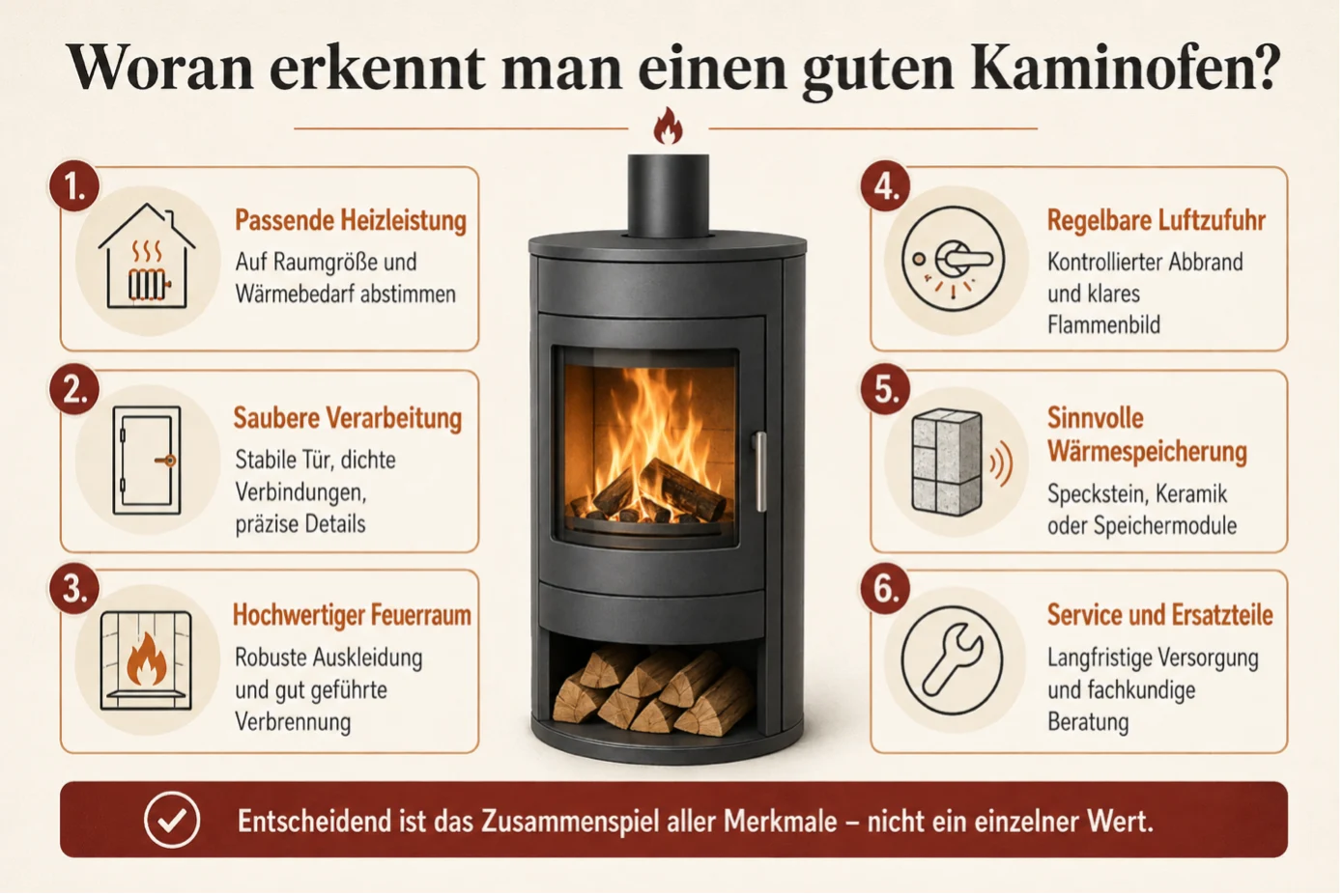 Infografik: Sechs wichtige Qualitätsmerkmale eines guten Kaminofens